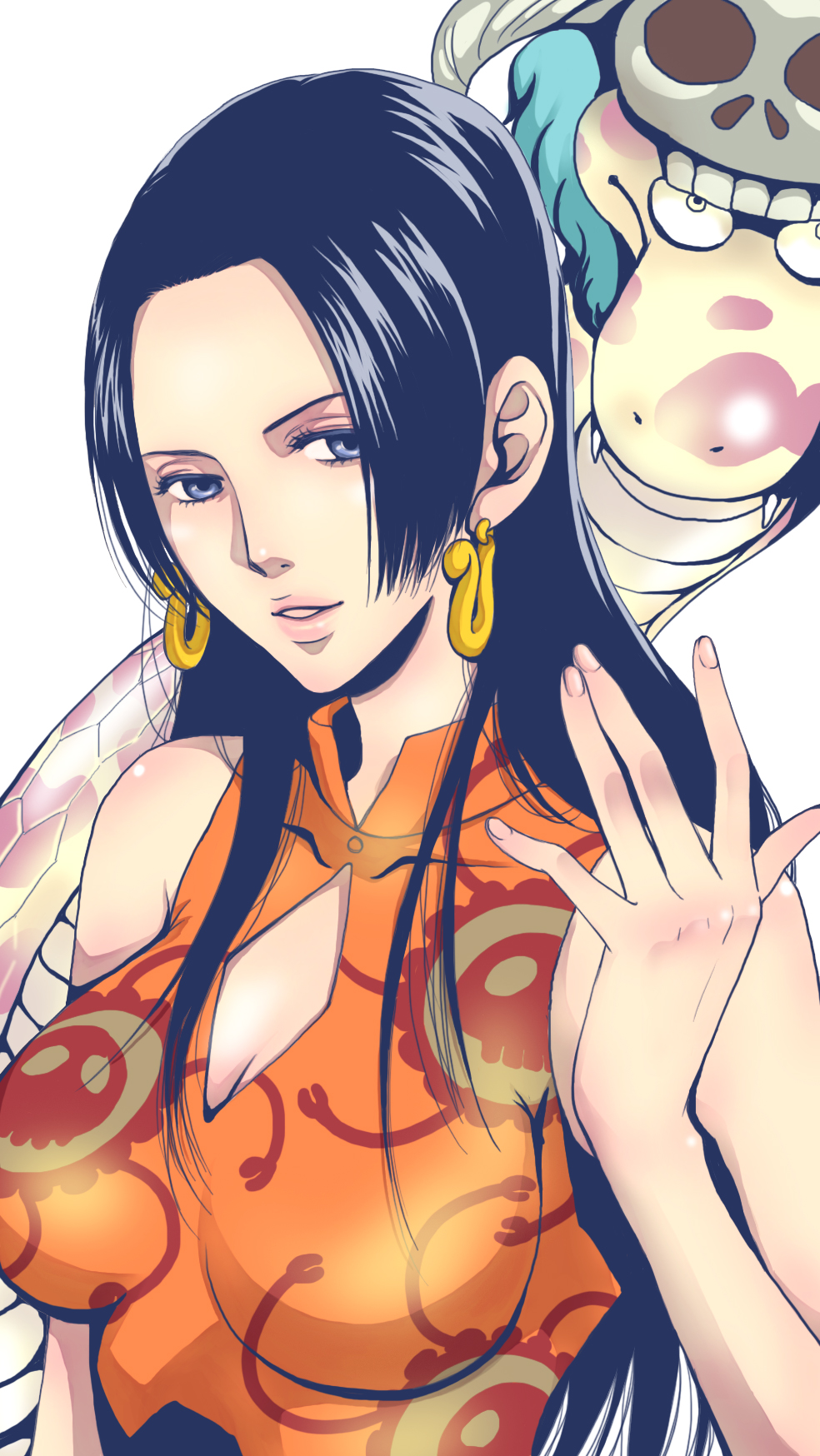 1girl black_hair blue_eyes boa_hancock cleavage_cutout earrings highres jewelry lipstick long_hair looking_at_viewer makeup one_piece salome_(one_piece) sleeveless snake superdd white_background