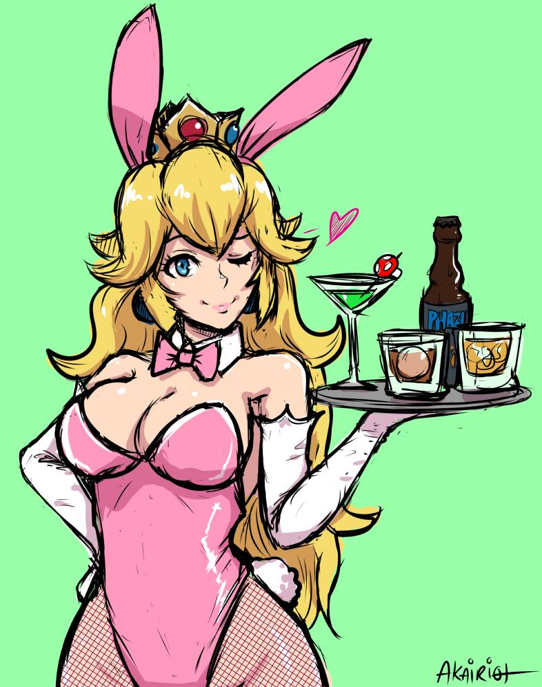 1girl ;) akairiot alcohol animal_ears bare_shoulders blonde blue_eyes bottle bow bowtie breasts bunny_girl bunny_tail bunnysuit cleavage cowboy_shot crown cup curly_hair curvaceous detached_collar drink drinking_glass earrings elbow_gloves female female_only fishnet_legwear fishnet_pantyhose fishnet_stockings fishnets glass gloves green_background hand_on_hip heart jewelry large_breasts leotard lips long_hair looking_at_viewer super_mario_bros. martini martini_glass metroid mushroom nintendo one_eye_closed pantyhose plate princess_peach rabbit_ears sketch smile solo solo_female stockings super_mario_bros. tail tray waitress white_gloves wine_glass wink wrist_cuffs