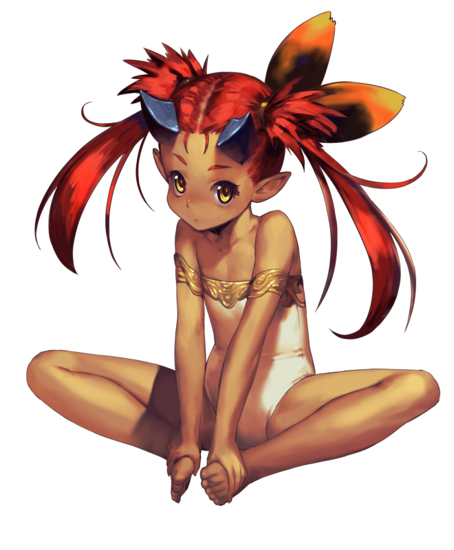 1girl bare_arms bare_legs bare_shoulders barefoot borrowed_character child collarbone cozy dark_skin flat_chest foot_grab hair_ornament horns leotard long_hair looking_at_viewer original pointy_ears redhead sitting solo tan tsunoko twintails yellow_eyes younger