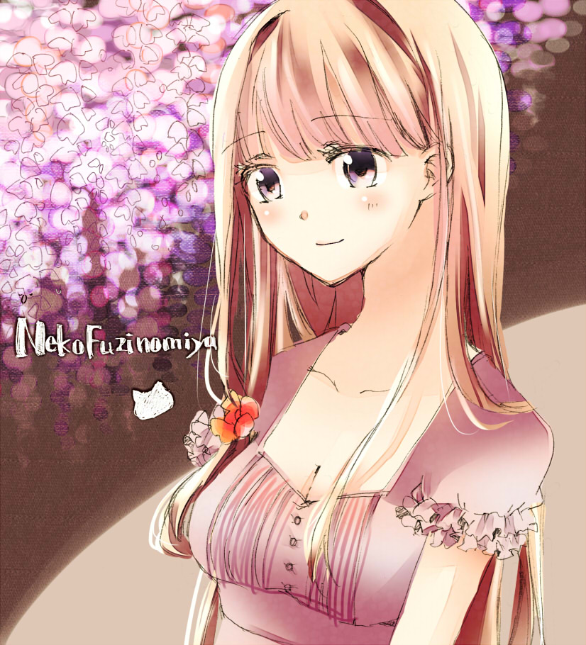 aki_(pixiv_1683779) blonde blush flower fujinomiya_neko long_hair masamune-kun_no_revenge ribbon smile violet_eyes
