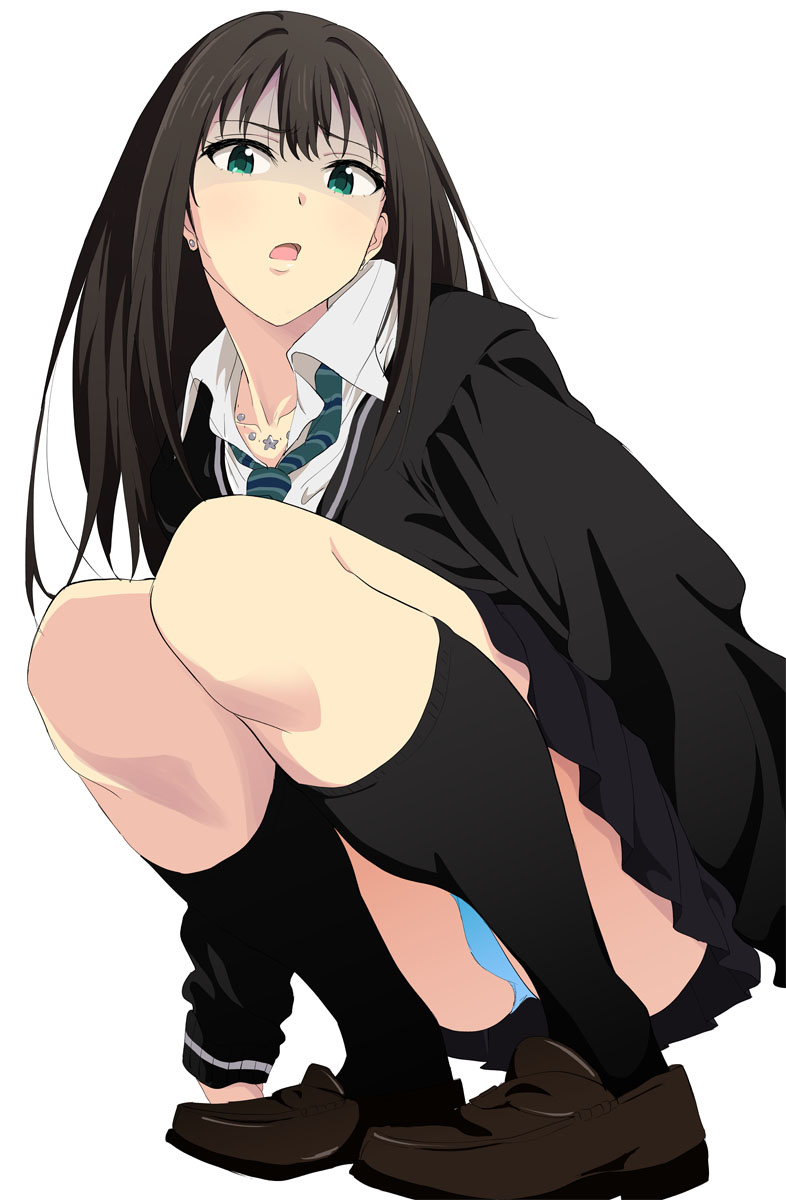 1girl black_legwear brown_hair cardigan collarbone earrings green_eyes highres idolmaster idolmaster_cinderella_girls jewelry kneehighs loafers long_hair looking_at_viewer looking_down necklace necktie open_mouth panties pantyshot pantyshot_(squatting) pleated_skirt school_uniform shibuya_rin shoes simple_background skirt solo squatting underwear white_background yoshiki360