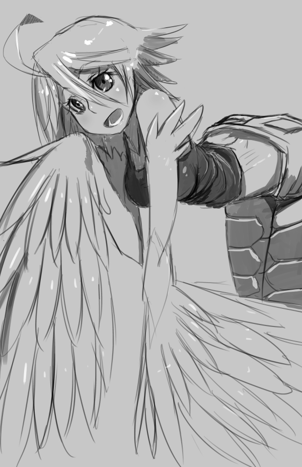 1girl ahoge feathered_wings greyscale harpy monochrome monster_girl monster_musume_no_iru_nichijou no_hands papi_(monster_musume) scales sketch small_breasts smile solo tank_top whistle_frog wings