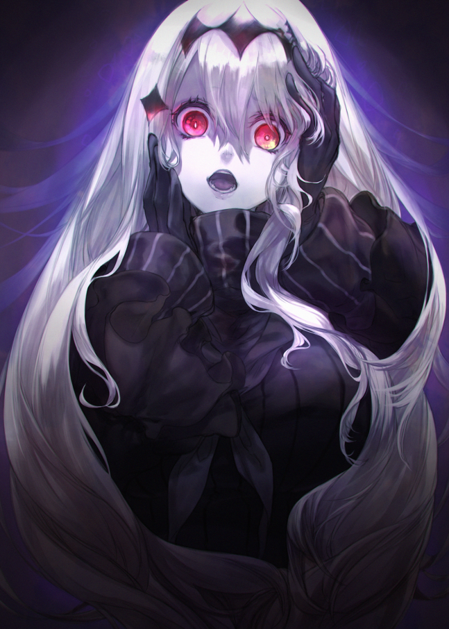 1girl aircraft_carrier_water_oni black_dress breasts dress fumizuki glowing glowing_eyes gradient gradient_background hair_ornament hands_on_own_head kantai_collection large_breasts long_hair long_sleeves looking_at_viewer open_mouth purple_background red_eyes ribbed_dress shinkaisei-kan solo upper_body very_long_hair white_hair yandere_trance