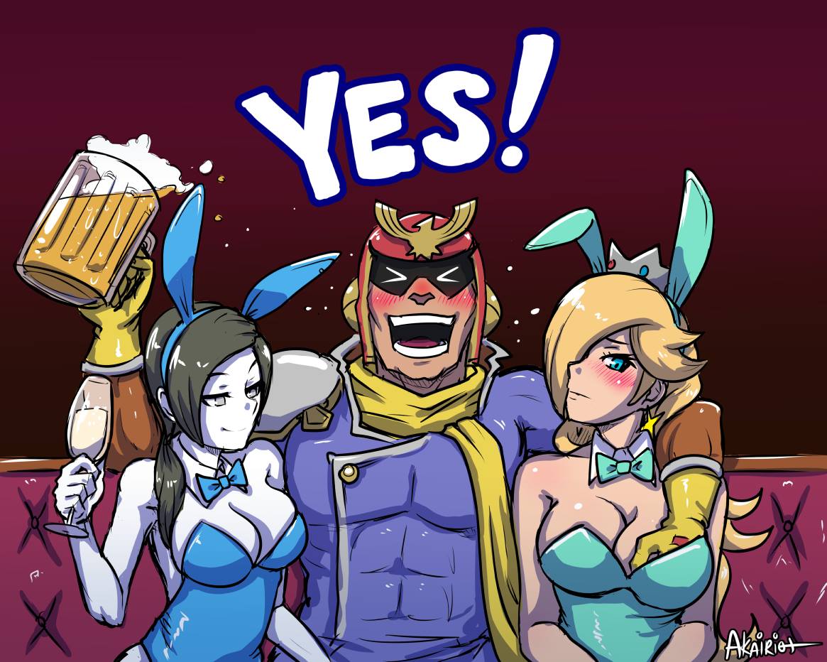 &gt;_&lt; 1boy 2girls 5:4_aspect_ratio akairiot alcohol animal_ears beer beer_mug black_hair blonde blue_eyes blush bowtie breast_grab breasts brown__hair bunny_girl bunnysuit captain_falcon champagne_glass cleavage couch crown cup curvaceous detached_collar drink drinking_glass drunk earrings f-zero fake_animal_ears female grey_hair groping hair_over_one_eye hair_over_shoulder helmet jewelry large_breasts leotard long_hair male super_mario_bros. multiple_girls nintendo pale_skin pimp ponytail rabbit_ears red_background rosalina_(mario) rosetta_(mario) scarf sitting smile star star_earrings super_mario_bros. super_mario_galaxy super_smash_bros. table trainer_(wii_fit) white_eyes white_skin wii_fit wine_glass