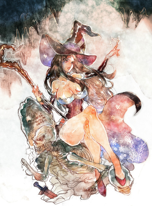 1girl bare_shoulders breasts brown_hair collarbone crossed_legs detached_sleeves dragon's_crown hat large_breasts long_hair sitting skeleton solo sorceress_(dragon's_crown) staff stalactite thighs very_long_hair witch_hat zuizi