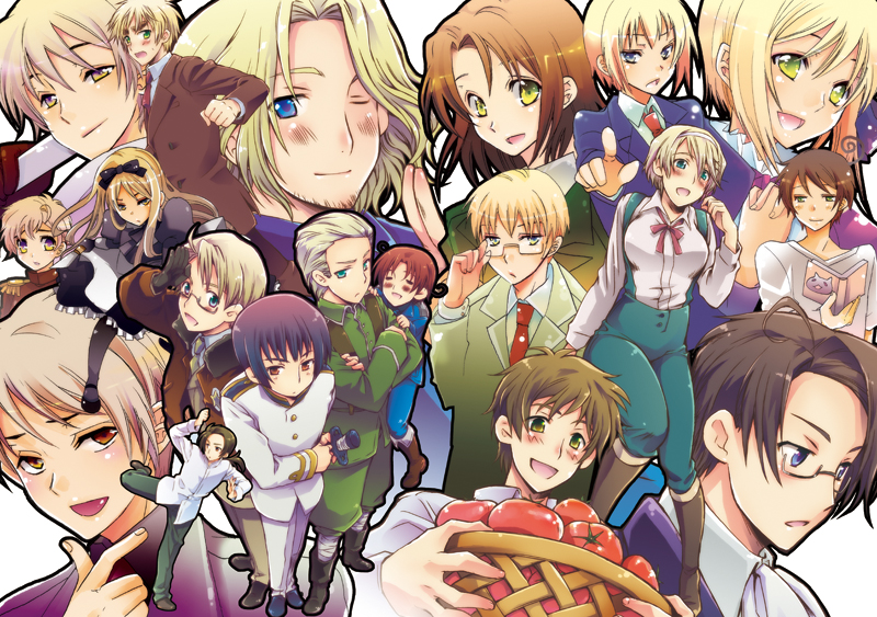 6+boys 6+girls ahoge america_(hetalia) austria_(hetalia) axis_powers_hetalia bangs belarus_(hetalia) black_hair blonde_hair blue_eyes blush book bow brown_eyes brown_hair china_(hetalia) closed_eyes commentary_request eikichi_(hp001) estonia_(hetalia) france_(hetalia) germany_(hetalia) glasses greece_(hetalia) green_eyes hair_bow japan_(hetalia) katana latvia_(hetalia) liechtenstein_(hetalia) lithuania_(hetalia) long_hair multiple_boys multiple_girls northern_italy_(hetalia) one_eye_closed open_mouth payot ponytail prussia_(hetalia) russia_(hetalia) short_hair silver_hair spain_(hetalia) sweatdrop switzerland_(hetalia) sword tomato ukraine_(hetalia) united_kingdom_(hetalia) weapon white_hair