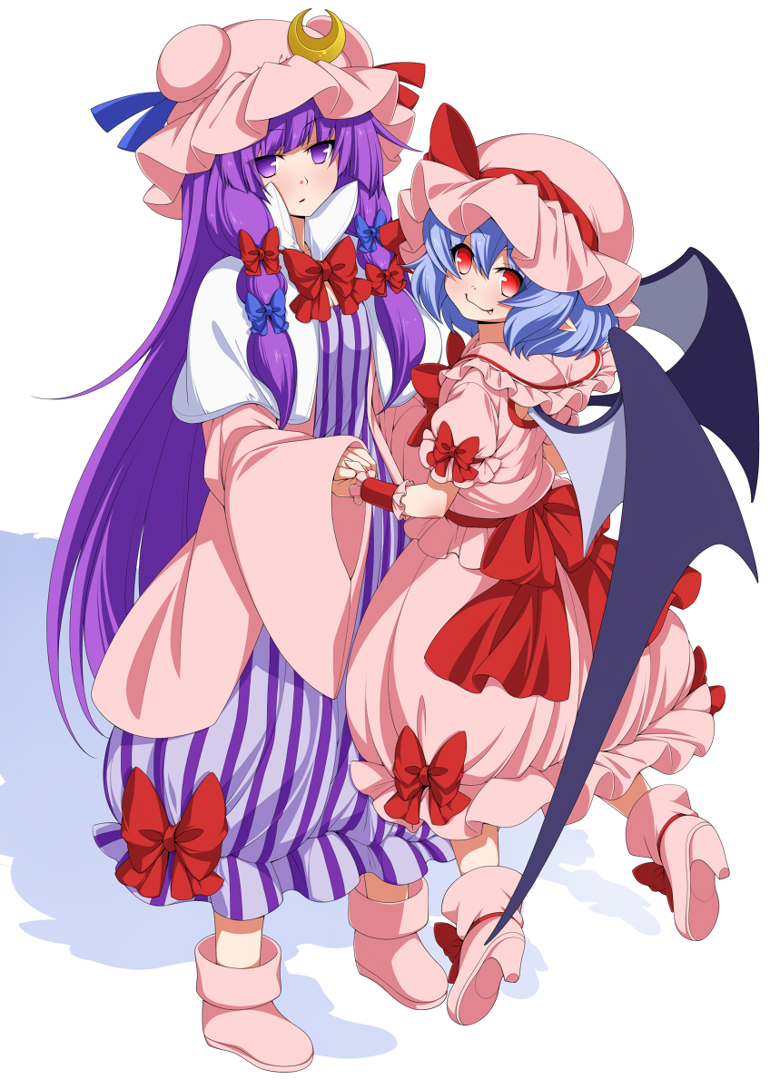 2girls bat_wings blue_hair capelet coat crescent dress eichi_yuu fang hair_ribbon hat hat_ribbon highres holding_hands long_hair long_sleeves looking_at_viewer mob_cap multiple_girls open_clothes open_coat patchouli_knowledge pink_dress pointy_ears puffy_short_sleeves puffy_sleeves purple_hair red_eyes remilia_scarlet ribbon sash short_sleeves smile striped striped_dress touhou tress_ribbon very_long_hair violet_eyes wide_sleeves wings wrist_cuffs