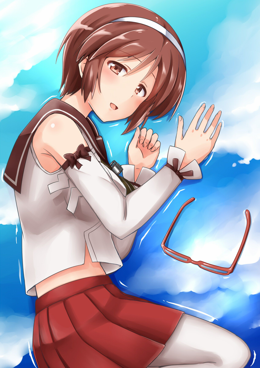 1girl bare_shoulders brown_eyes brown_hair clouds detached_sleeves glasses hairband highres japanese_clothes kamelie kantai_collection looking_at_viewer lying miko natori_(kantai_collection) on_side open_mouth pleated_skirt reflection ribbon school_uniform serafuku short_hair skirt sky smile solo thigh-highs water white_legwear