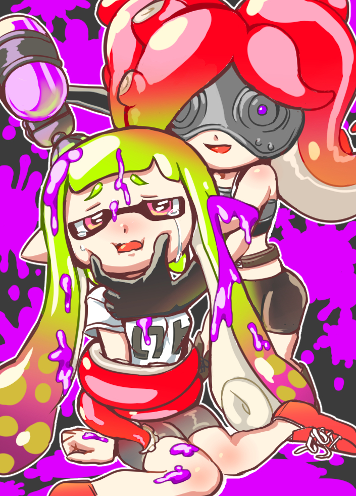 2girls :d belt bike_shorts black_gloves breastplate cheek_squash crying domino_mask gloves goggles green_hair gun_to_head hand_on_another's_cheek hand_on_another's_face inkling kabyu long_hair mask multiple_girls open_mouth paint pointy_ears red_eyes red_shoes shoes sitting smile splatoon streaming_tears super_soaker takozonesu tears tentacle_hair violet_eyes
