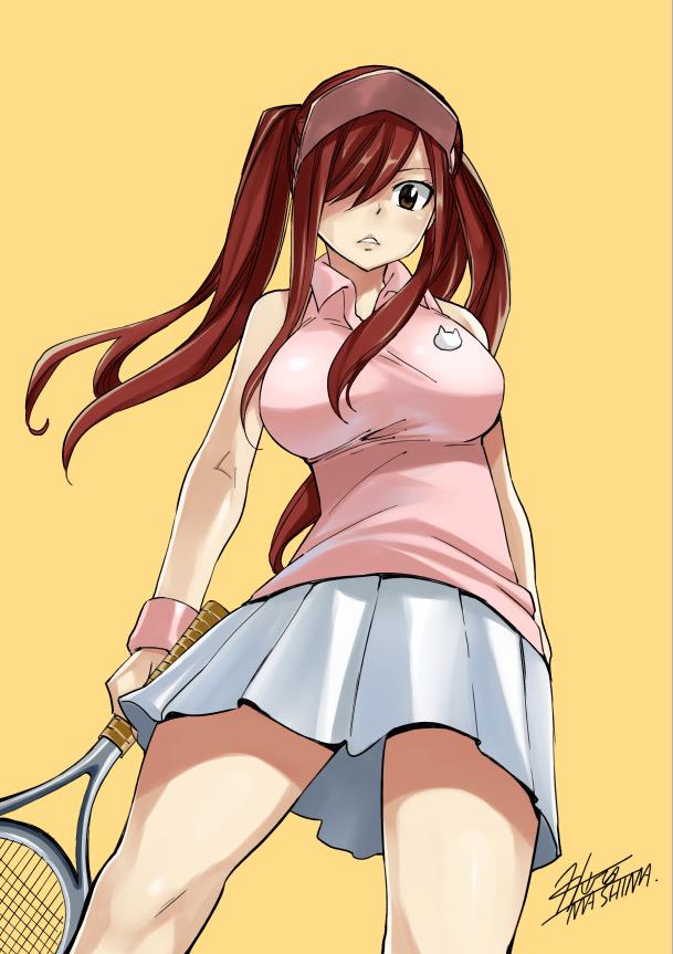 1girl bare_shoulders black_eyes blush breasts erza_scarlet fairy_tail hair_over_one_eye large_breasts looking_at_viewer mashima_hiro official_art parted_lips redhead simple_background solo tennis yellow_background