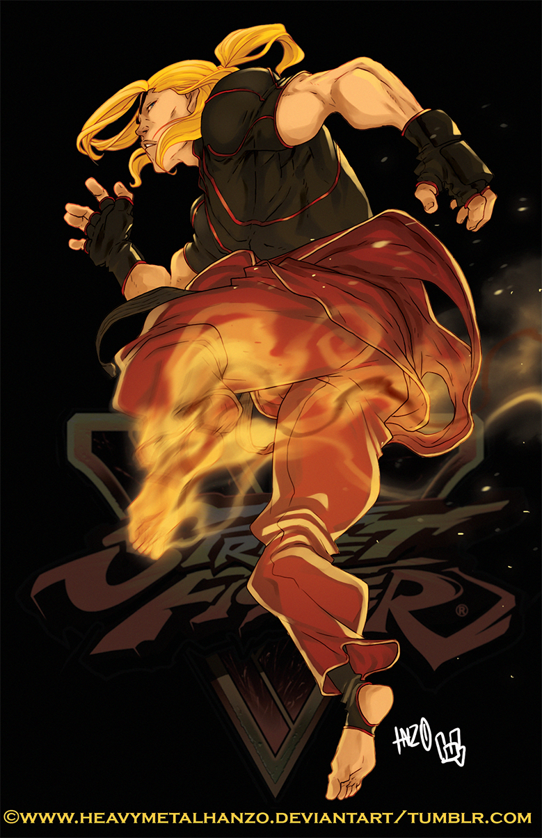 1boy clothes_around_waist dougi eyebrows fire full_body highres ken_masters kicking male_focus metalhanzo muscle ponytail soles solo street_fighter street_fighter_v t-shirt thick_eyebrows toeless_socks toes