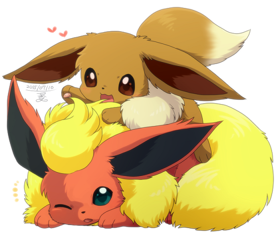 :d ;o brown_eyes dated eevee flareon fur green_eyes heart lying no_humans one_eye_closed open_mouth pointy_ears pokemon pokemon_(creature) simple_background smile tail white_background