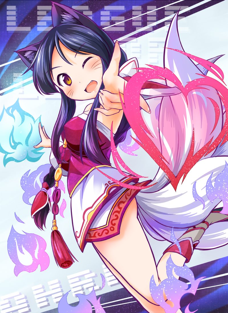 ahri amber_eyes animal_ears ass black_hair blush boots braid dress exposed_shoulders facial_mark fangs female fox_ears fox_tail foxfire heart league_of_legends long_hair magic multiple_tails ninetails_youkai one_eye_closed open_mouth pixiv_id_85415 png_conversion shoes single_braid sleeveless sleeveless_dress smile solo strapless strapless_dress tail traditional_clothes wafuku wink