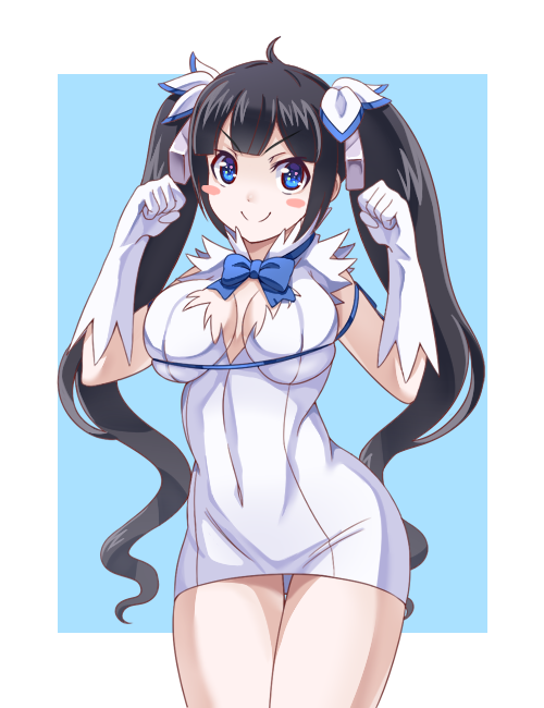 black_hair blue_background blue_eyes blue_ribbon blush blush_stickers breasts cleavage_cutout deep_skin dress dungeon_ni_deai_wo_motomeru_no_wa_machigatteiru_darou_ka elbow_gloves flip-flops gloves hair_ornament hair_ribbon hestia_(danmachi) large_breasts long_hair looking_at_viewer muramura rei_no_himo ribbon sandals simple_background smile solo twintails white_dress white_gloves