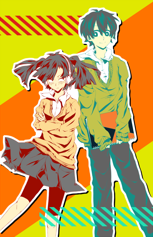:t black_eyes black_skirt blush closed_mouth collar_(clothes) crossed_arms duo enomoto_takane female green_outerwear headphones holding_object kagerou_project kokonose_"konoha"_haruka long_hair looking_at_another male pants pixiv_id_3876423 png_conversion pouting school_uniform short_hair sketchbook skirt smile sweater twintails uniform