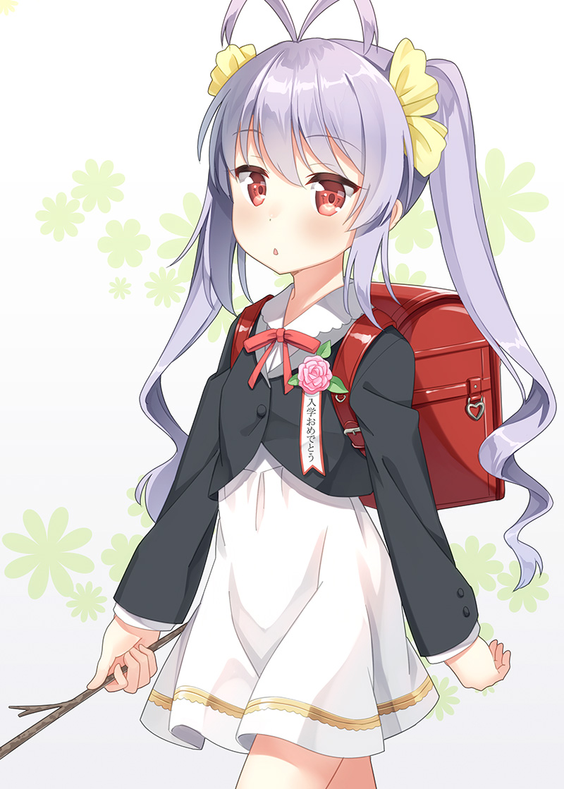 1girl antenna_hair backpack bag blush branch chestnut_mouth cowboy_shot hair_ribbon hyuuga_azuri long_hair miyauchi_renge non_non_biyori purple_hair randoseru red_eyes ribbon school_uniform solo twintails walking