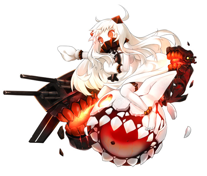 1girl airplane dress horns kantai_collection kochipu leg_belt long_hair mittens northern_ocean_hime pale_skin red_eyes simple_background sitting solo teeth toy white_background white_hair