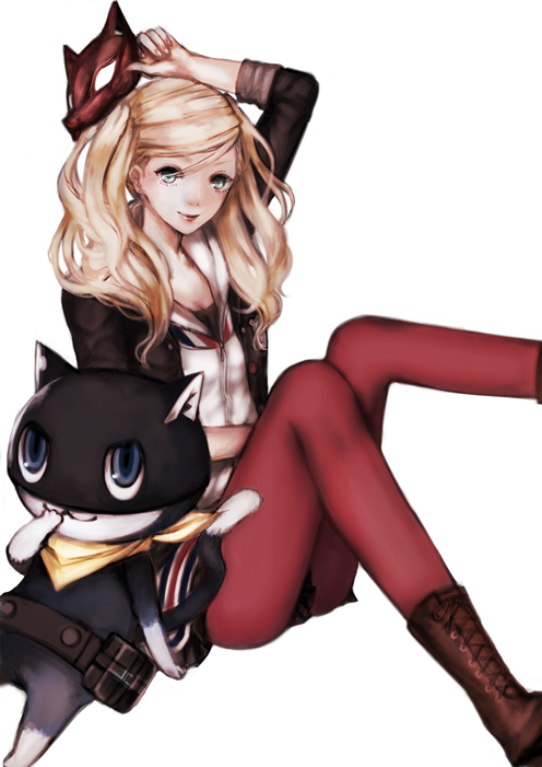 amepool blonde_hair blue_eyes boots cat earrings jewelry long_hair looking_at_viewer mask mask_removed morgana_(persona_5) pantyhose persona persona_5 red_legwear simple_background sitting smile takamaki_ann takamaki_anzu twintails weapon white_background