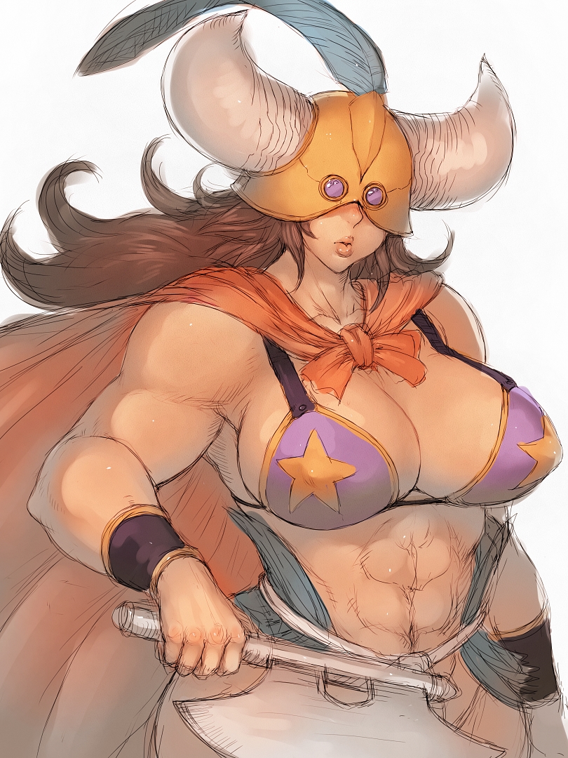 1girl armor axe bikini_armor breasts brown_hair cleavage dragon_ball fumio_(rsqkr) genderswap helmet horns large_breasts muscle ox_king simple_background solo weapon white_background