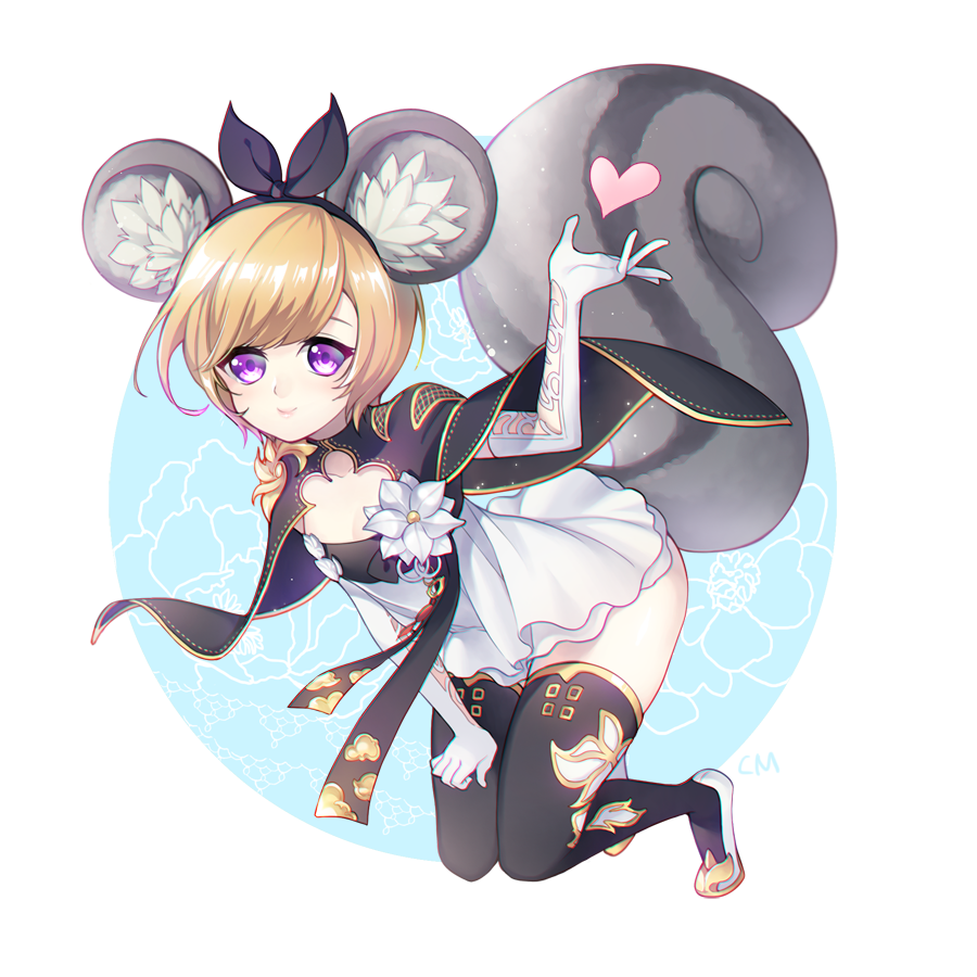 animal_ears blade_&amp;_soul brown_hair cape cm dress elbow_gloves gloves hairband heart kneeling leaning_forward lyn_(blade_&amp;_soul) ribbon shoes short_hair smile squirrel_ears squirrel_tail tail thigh-highs violet_eyes