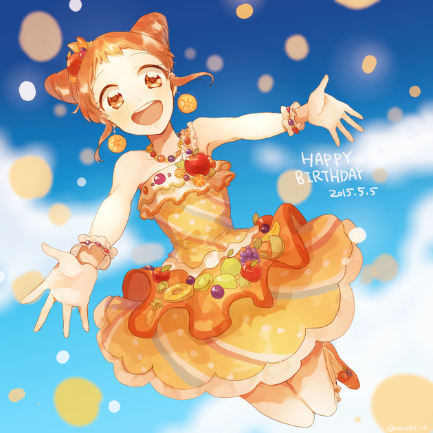 1:1_aspect_ratio aikatsu! arisugawa_otome bent_knees bracelet dated double_bun dress earrings english_text exposed_shoulders female floating food_as_clothes food_themed_clothes happy_birthday jewelry kneeling midair necklace orange_dress orange_eyes orange_hair orange_outfit outstretched_arms piercing pixiv_id_6180266 sleeveless sleeveless_dress solo strapless strapless_dress text