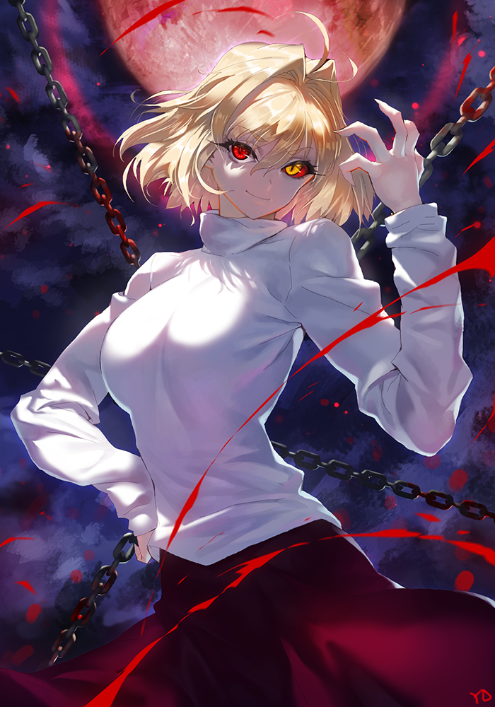 1girl ahoge arcueid_brunestud blonde_hair breasts chain hair_intakes hand_on_hip heterochromia light_smile looking_at_viewer melty_blood moon red_eyes red_moon red_sclera short_hair signature slit_pupils solo sweater tsukihime warcueid yang-do yellow_eyes