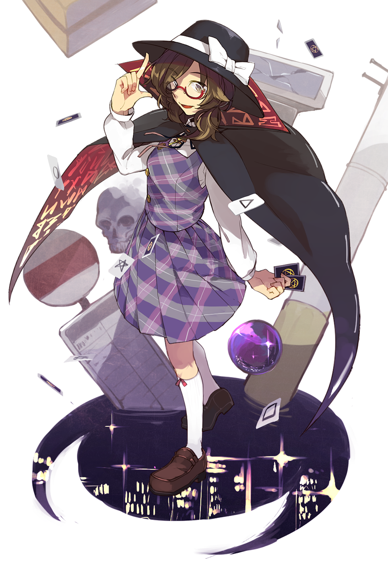 1girl bow brown_eyes brown_hair cape glasses hat hat_bow hat_ribbon hichiko long_sleeves low_twintails open_mouth plaid red-framed_glasses ribbon school_uniform shirt short_hair sign skirt skull smile solo touhou twintails usami_sumireko