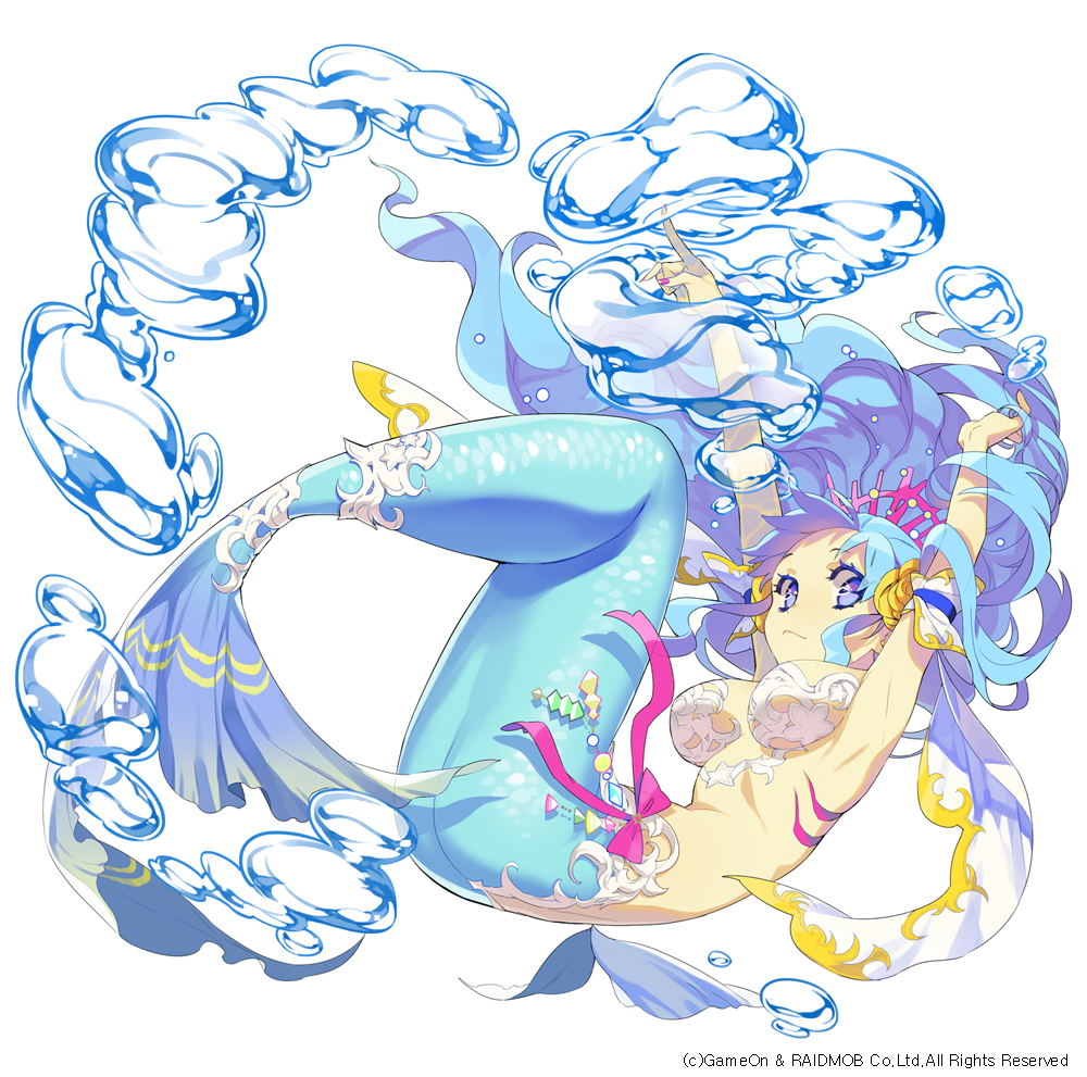 1girl air_bubble blue_eyes blue_hair breasts long_hair looking_at_viewer mansu mermaid monster_girl official_art original ribbon solo