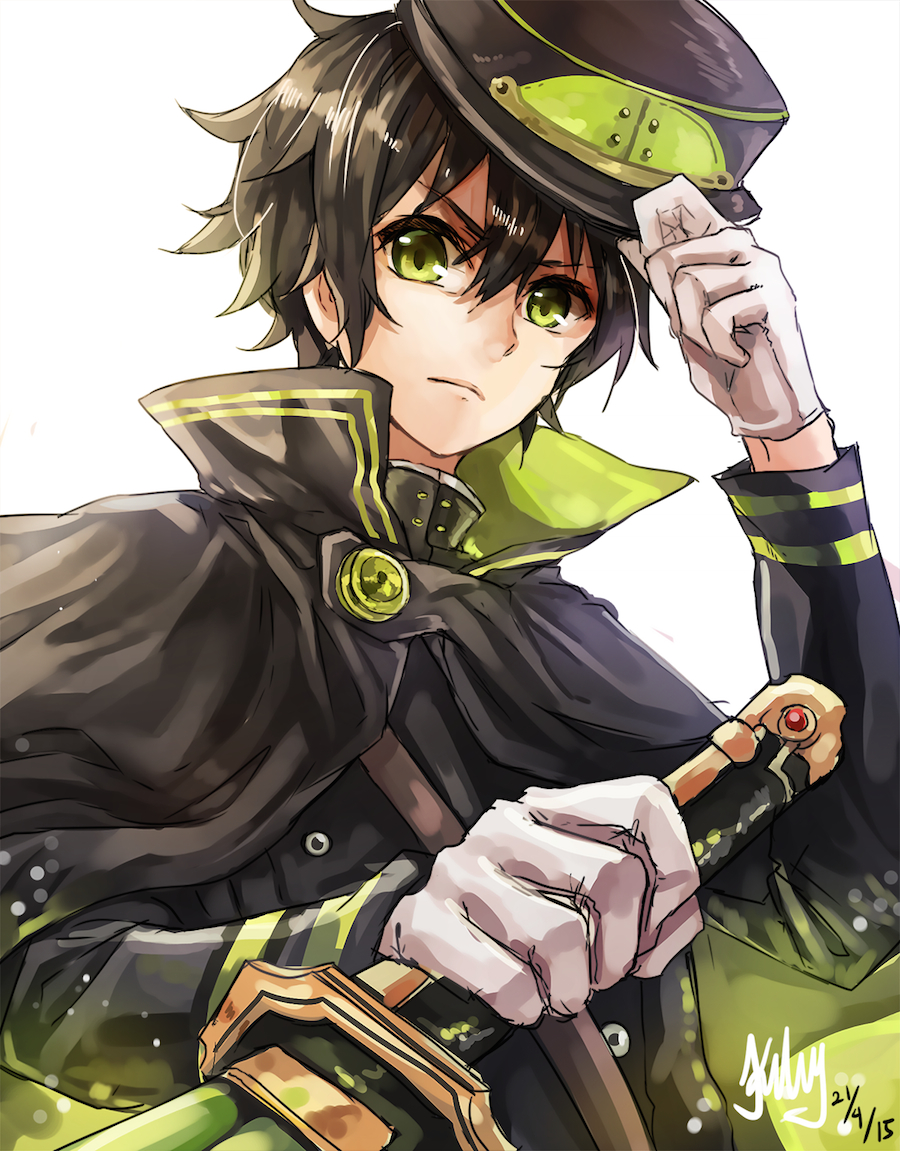 black_hair gloves green_eyes hand_on_hat hat holding_weapon hyakuya_yuuichirou light_background male owari_no_seraph pixiv_id_8620868 png_conversion short_hair simple_background solo weapon white_background white_gloves white_handwear