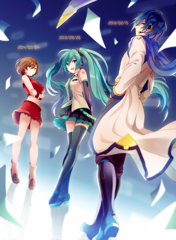akiyoshi aqua_eyes aqua_hair black_skirt blue_eyes blue_hair blue_neckwear boots brown_eyes brown_footwear brown_hair coat crop_top cuffs cuffs_design dated detached_sleeves exposed_shoulders female from hatsune_miku headphones kaito knee_boots long_hair long_sleeves looking_at_viewer male meiko midriff open_mouth pleated pleated_skirt red_shirt red_skirt scarf shirt shoes short_hair skirt sleeveless sleeveless_shirt smile standing text thigh-highs thigh_boots trio twintails v3 vocaloid white_outerwear white_shirt wrist_cuffs