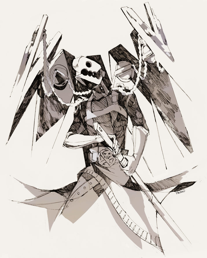 artist_name chain gloves hamau harness monochrome persona persona_3 sketch skull_and_crossbones sword thanatos weapon