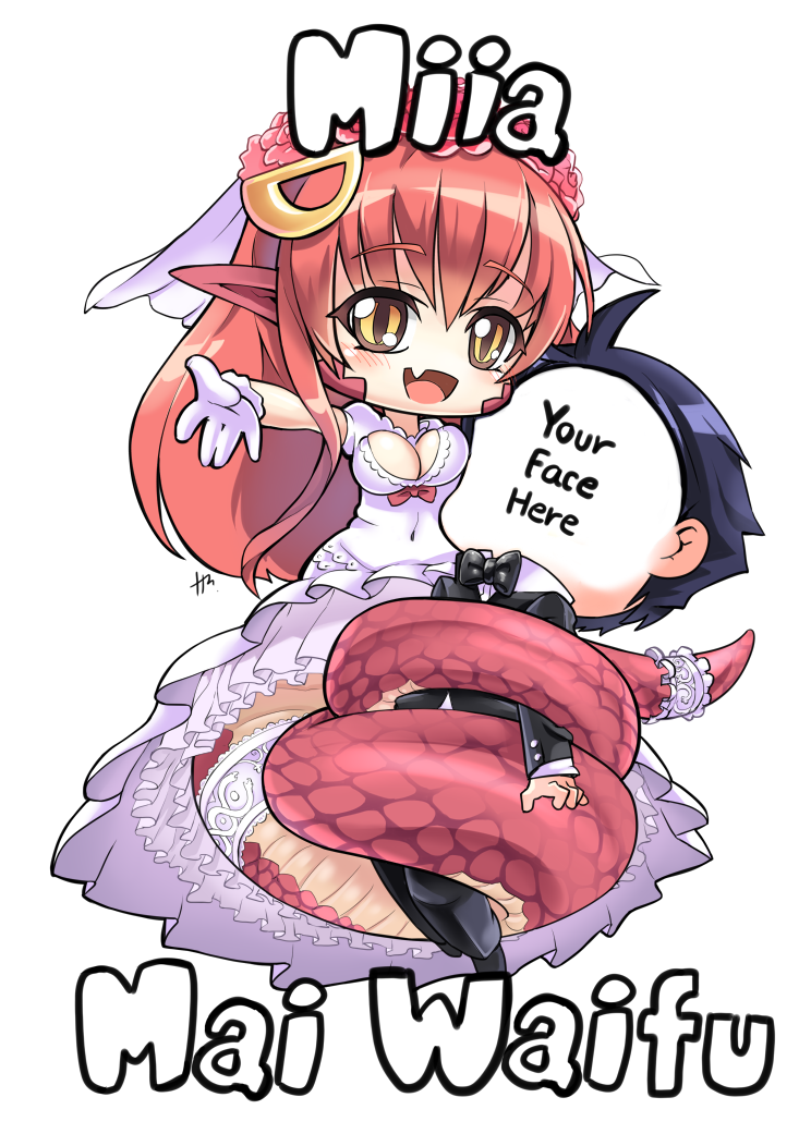1boy 1girl :d black_hair breasts bridal_veil character_name chibi cleavage covered_navel dress english fang formal gloves hair_ornament hairclip lamia long_hair miia_(monster_musume) monster_girl monster_musume_no_iru_nichijou open_mouth phandit_thirathon pointy_ears redhead scales simple_background slit_pupils smile snake_bondage suit veil wedding_dress white_background white_gloves yellow_eyes