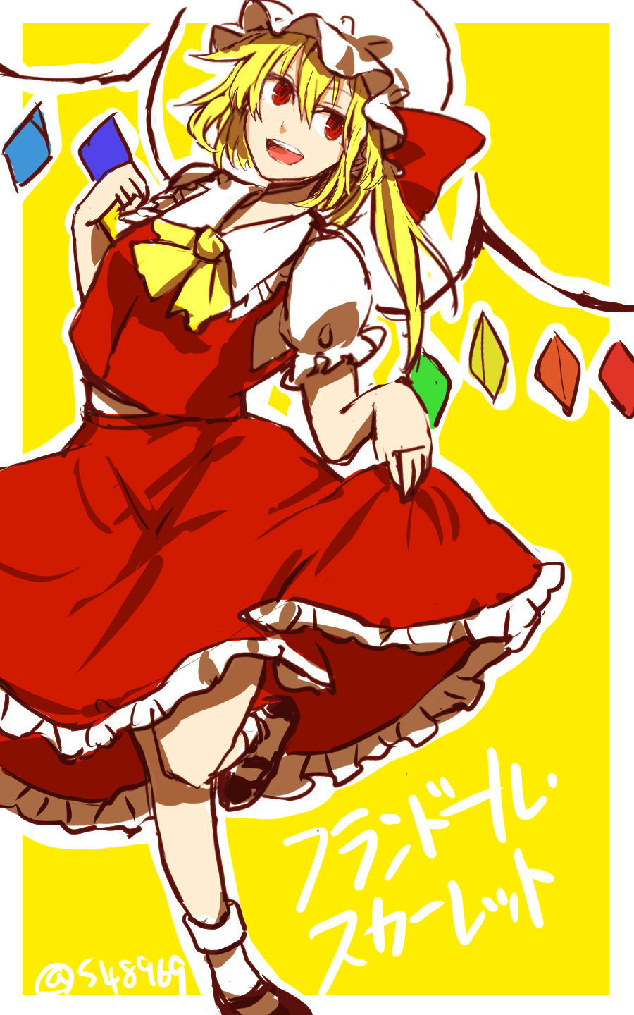 blonde female flandre_scarlet high_resolution pixiv_id_1024475 side_ponytail solo touhou unusual_colored_wings wings