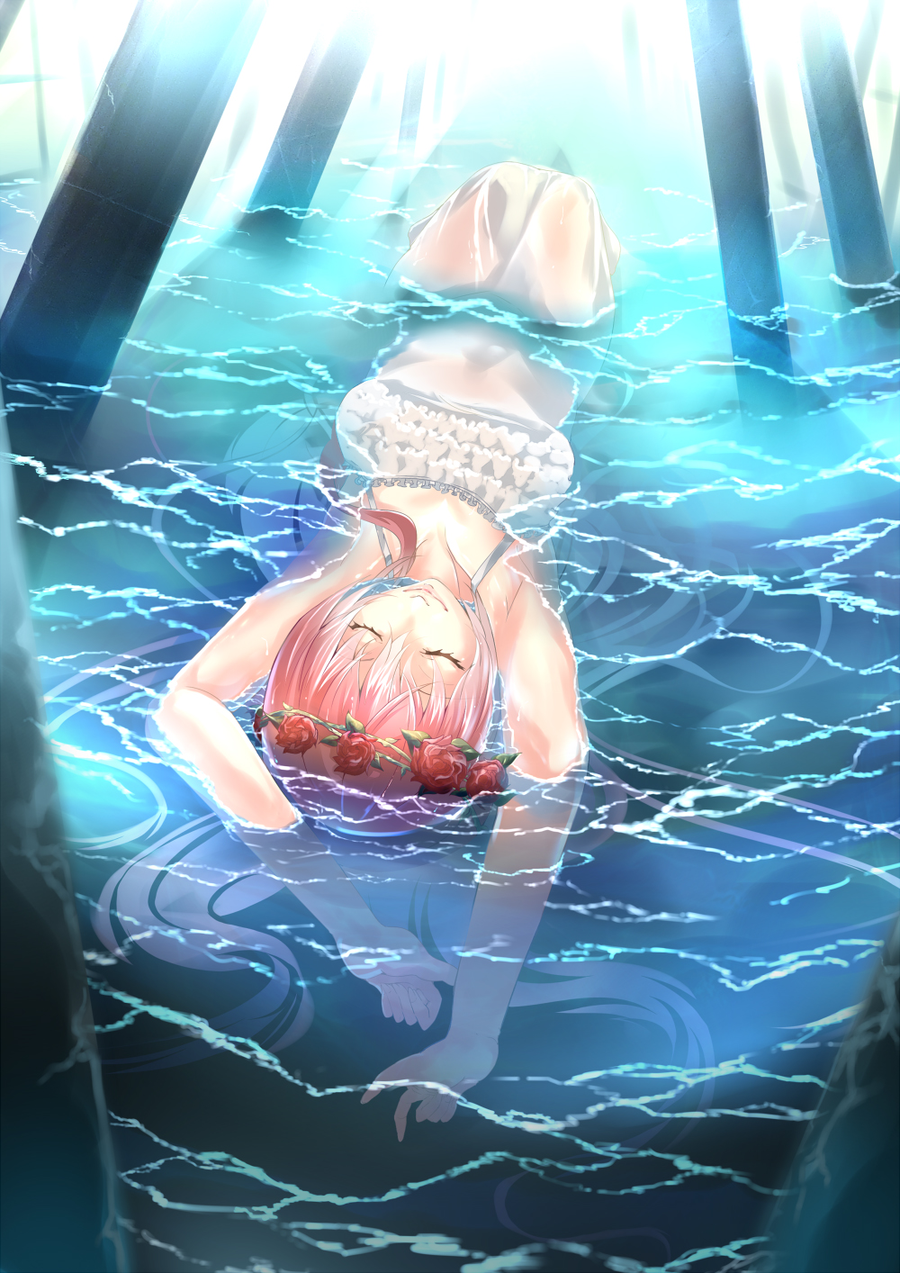 bent_knees closed_eyes dress exposed_shoulders female flower frills hair_flower hair_ornament head_wreath high_resolution just_be_friends_(vocaloid) long_hair lying megurine_luka pink_hair pixiv_id_4049505 png_conversion smile solo upside-down vocaloid water white_dress white_outfit