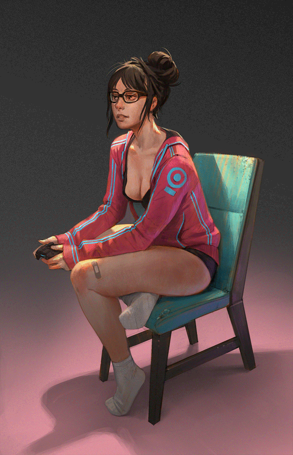 1girl animated animated_gif black_hair black_panties breasts chair cleavage controller dualshock full_body game_console game_controller gamepad glasses gui_guimaraes hair_bun hoodie monitor_light no_pants nose open_clothes open_hoodie original panties playing_games playstation_4 short_hair sitting socks solo underwear