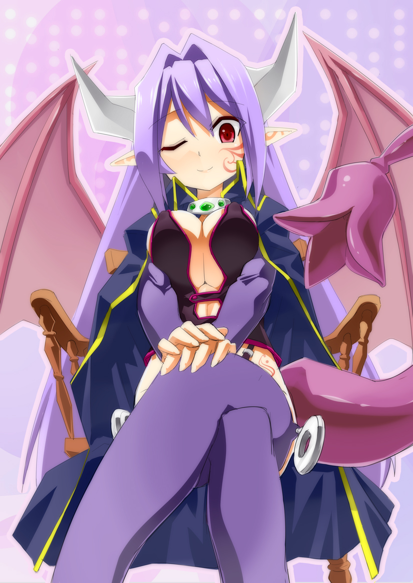 1girl alma_elma bangs breasts cape chair cleavage crossed_legs demon_girl hair_ornament horns large_breasts long_hair mon-musu_quest! monster_girl one_eye_closed pointy_ears purple_hair purple_legwear red_eyes revealing_clothes saida sitting smile succubus tail tattoo thigh-highs wings