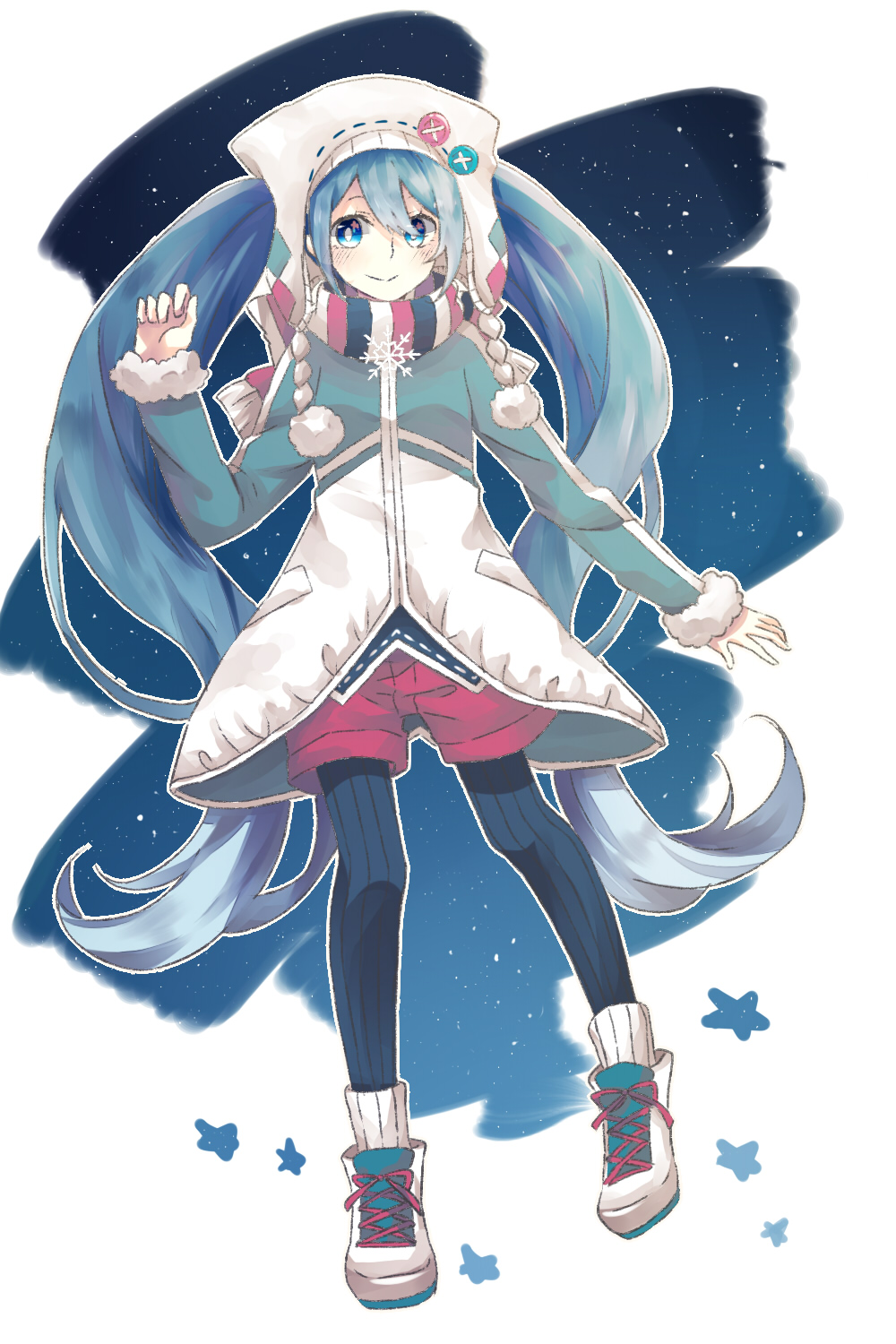 blue_eyes blue_hair closed_mouth female full_body fur fur_trim hat hatsune_miku high_resolution long_hair long_sleeves pantyhose pixiv_id_4112930 pom_pom_(clothes) scarf shorts sky smile snowflakes solo standing star_(sky) star_(symbol) striped striped_legwear striped_neckwear striped_print twintails vocaloid winter_clothes yuki_design