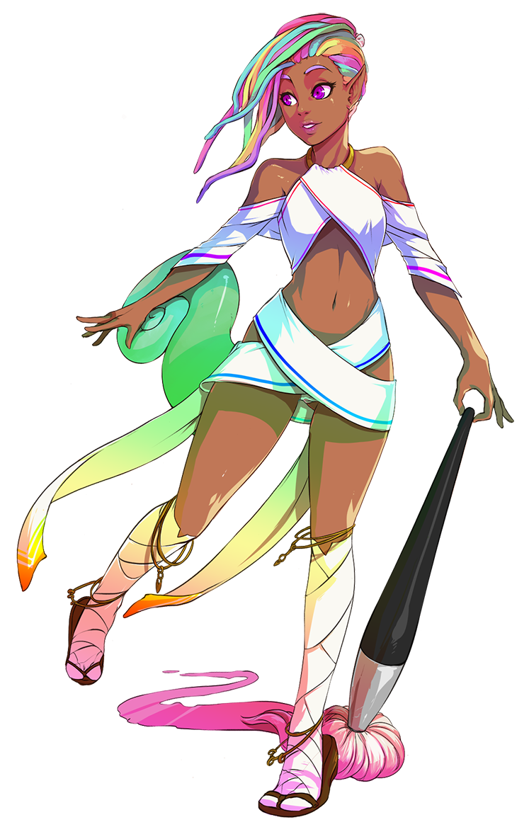 1girl bare_shoulders cami chameleon_girl d-rex dark_skin dreadlock holding_brush lizard_tail long_hair looking_away midriff multicolored_clothes multicolored_hair navel outstretched_arms paintbrush pointed_ears rainbow_hair sandals smile solo spread_arms standing standing_on_one_leg tanned transparent_background violet_eyes