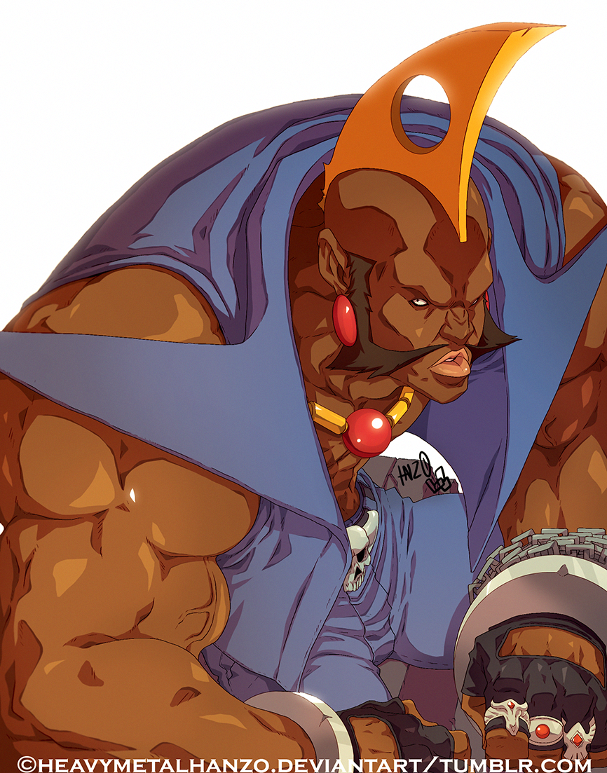 birdie_(street_fighter) blonde_hair chain dark_skin fingerless_gloves gloves metalhanzo mohawk muscle shirtless sideburns solo street_fighter street_fighter_zero very_dark_skin