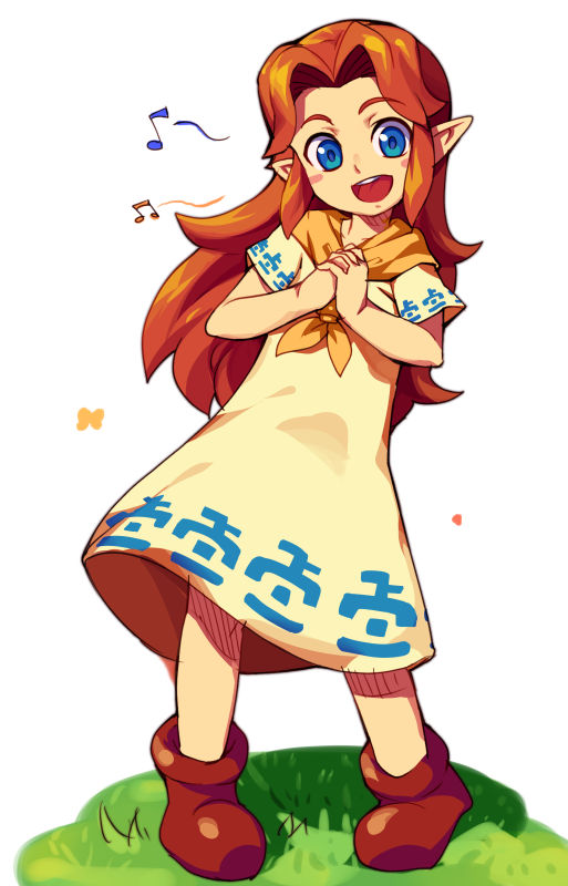 1girl ankle_boots blue_eyes boots brown_hair flat_chest full_body hands_clasped long_hair malon metata musical_note neckerchief ocarina_of_time pigeon-toed pointy_ears smile solo the_legend_of_zelda
