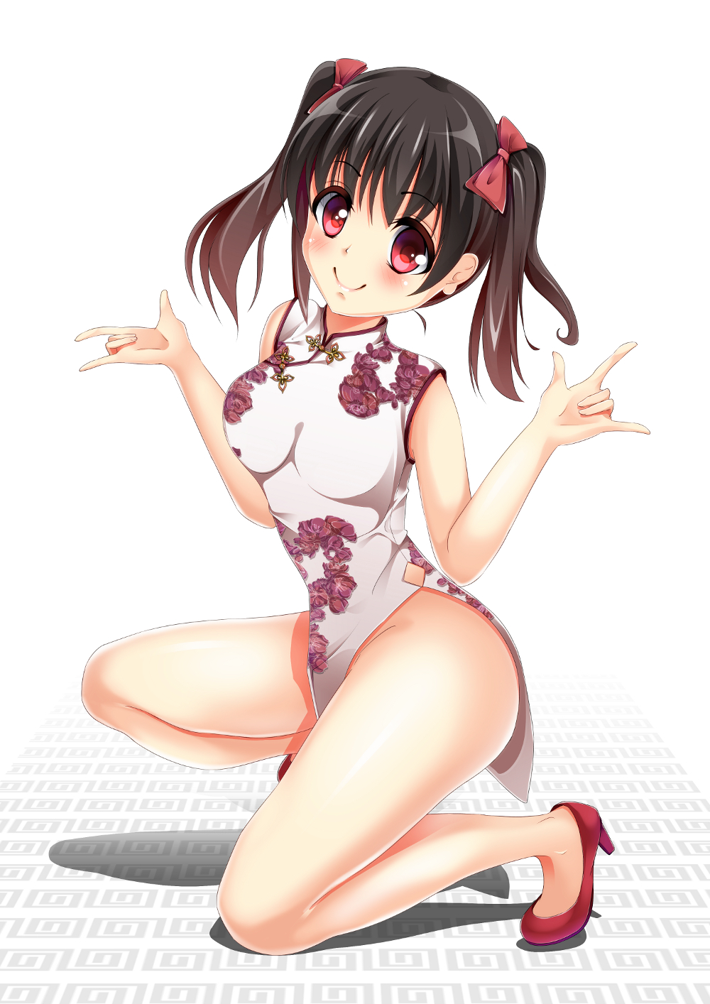black_hair china_dress chinese_clothes dress female high_resolution light_background looking_at_viewer love_live!_school_idol_project pixiv_id_2973809 png_conversion red_eyes short_twin_tails simple_background smile solo traditional_clothes twintails white_background yazawa_nico