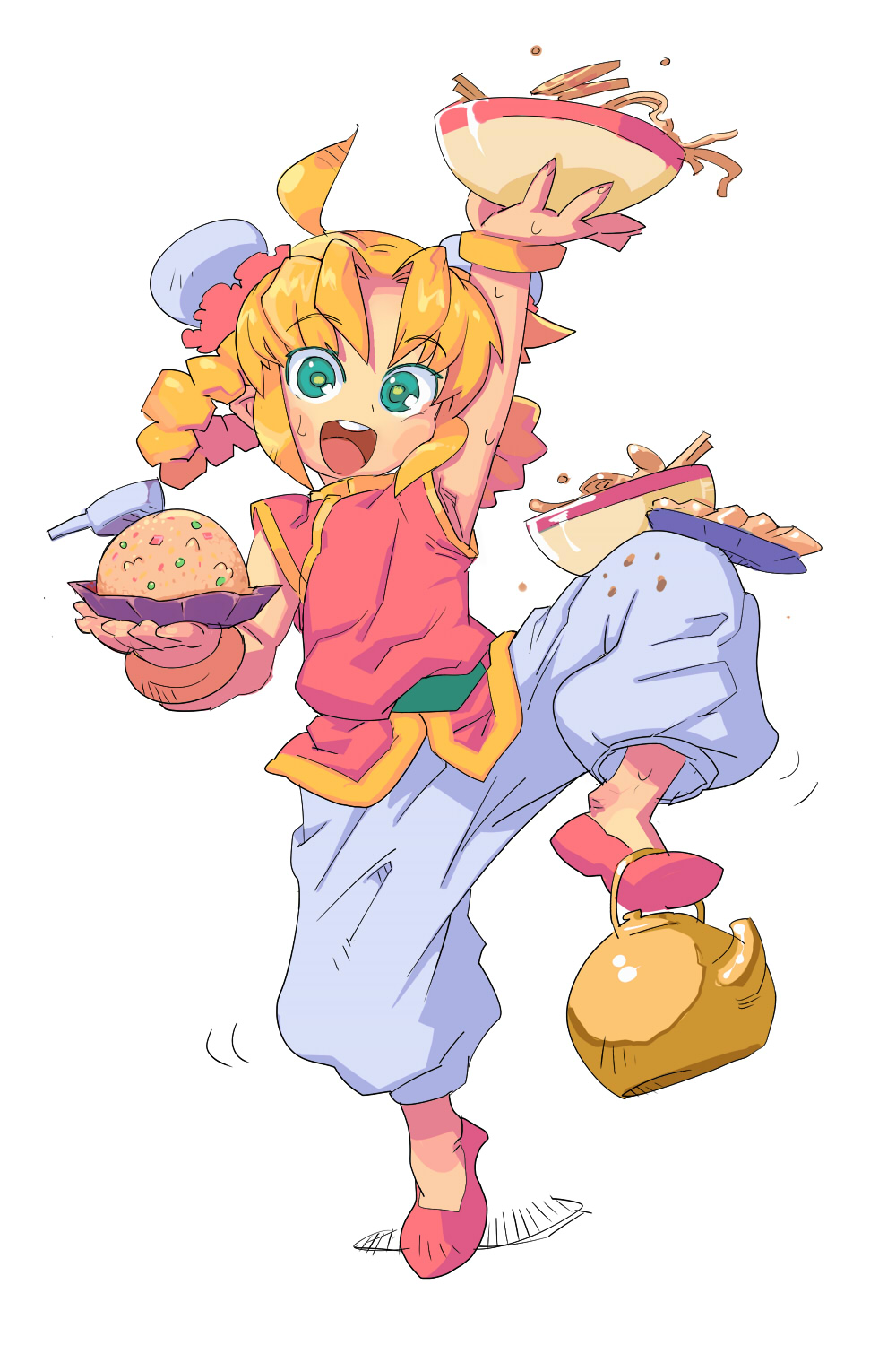 1girl ahoge baggy_pants balancing blonde_hair blush_stickers bowl bun_cover character_request double_bun flat_chest flats food foot_hold fried_rice full_body green_eyes hair_rings highres metata noodles open_mouth pants solo standing_on_one_leg teapot waitress