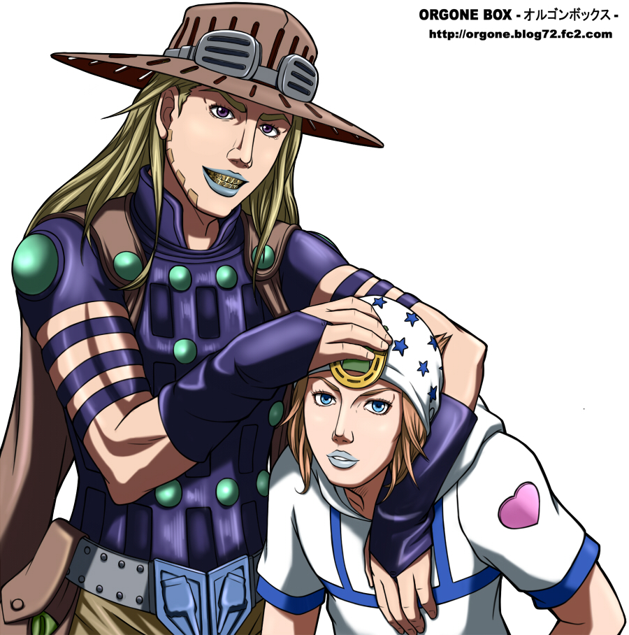 belt_buckle blonde_hair blue_eyes blue_lipstick brown_hair cowboy_hat facial_hair fingerless_gloves gloves goggles_on_hat gold_teeth gyro_zeppeli hat holster horseshoe johnny_joestar jojo_no_kimyou_na_bouken lipstick makeup smile steel_ball_run violet_eyes watermark web_address yas