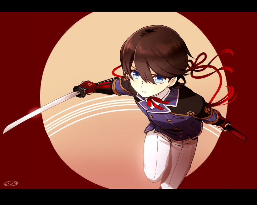 1boy armor blue_eyes brown_hair double-breasted horikawa_kunihiro japanese_armor kote letterboxed looking_at_viewer male_focus mizuhara_aki sheath short_hair solo sword touken_ranbu weapon