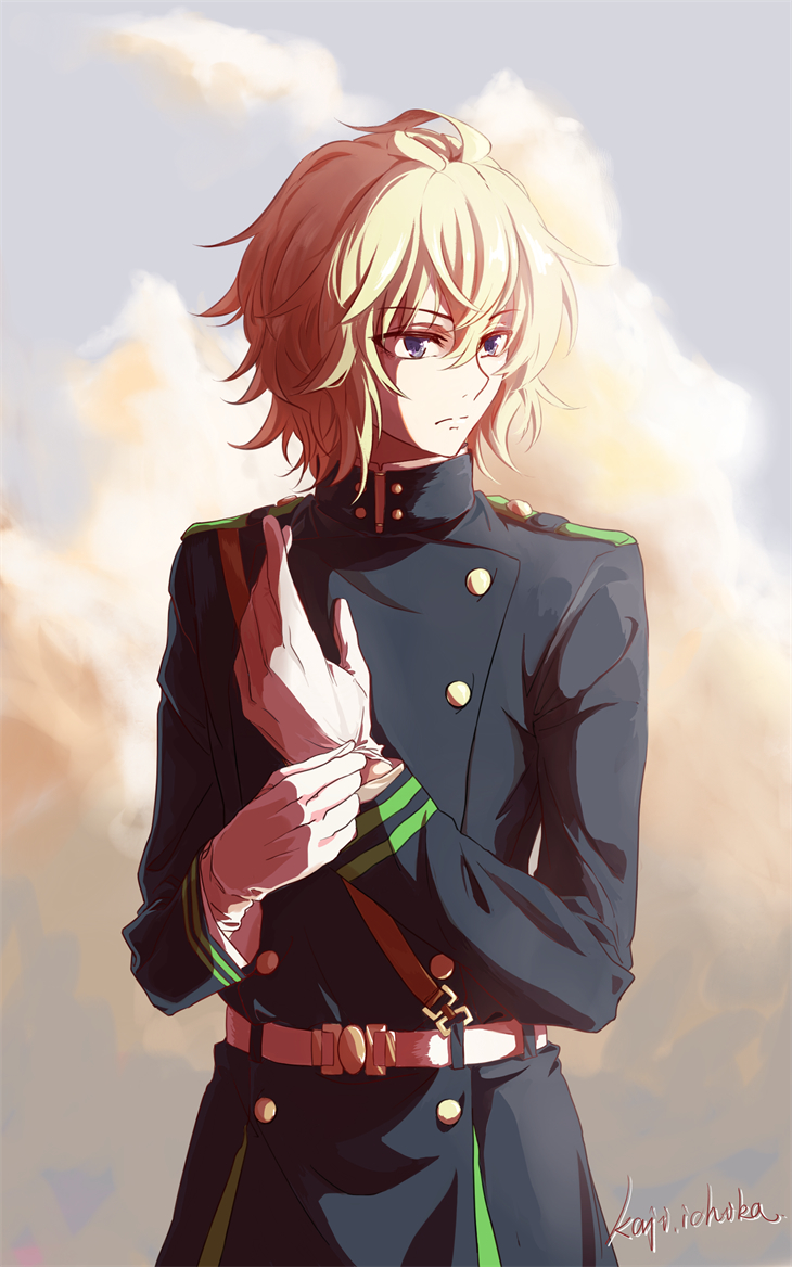 alternative_costume black_outfit blonde blue_eyes clouds gloves hyakuya_mikaela male military military_uniform owari_no_seraph pixiv_id_4354577 png_conversion short_hair sky solo uniform