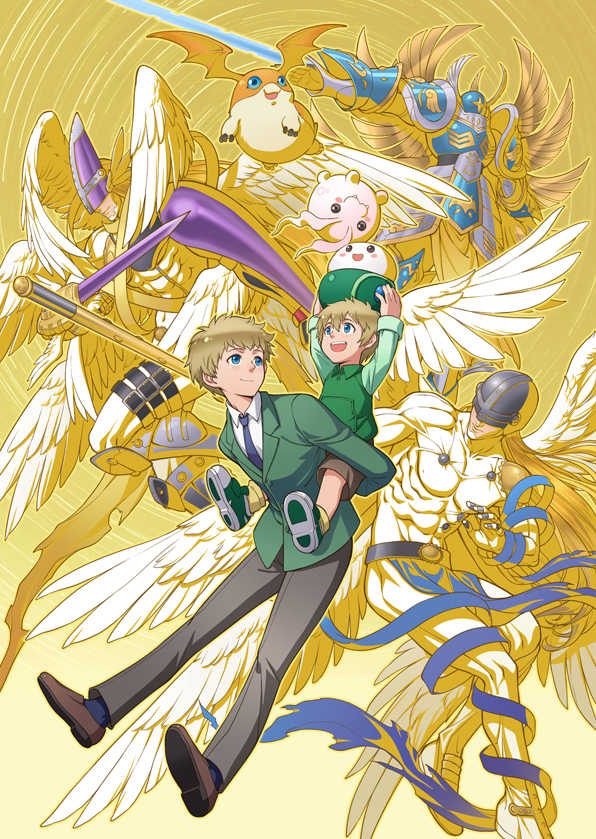 :3 angemon blonde_hair blue_eyes digimon digimon_adventure eclosion fangs happy hat magnaangemon mask multiple_persona patamon poyomon ribbon school_uniform seraphimon short_hair smile sword takaishi_takeru tokomon weapon wings