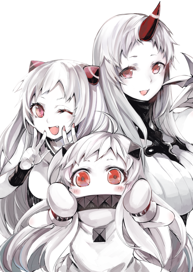 3girls ahoge airfield_hime atoshi blush breasts claws commentary_request dress horn horns kantai_collection large_breasts long_hair looking_at_viewer mittens multiple_girls northern_ocean_hime one_eye_closed open_mouth pale_skin red_eyes seaport_hime shinkaisei-kan simple_background smile v very_long_hair white_hair white_skin