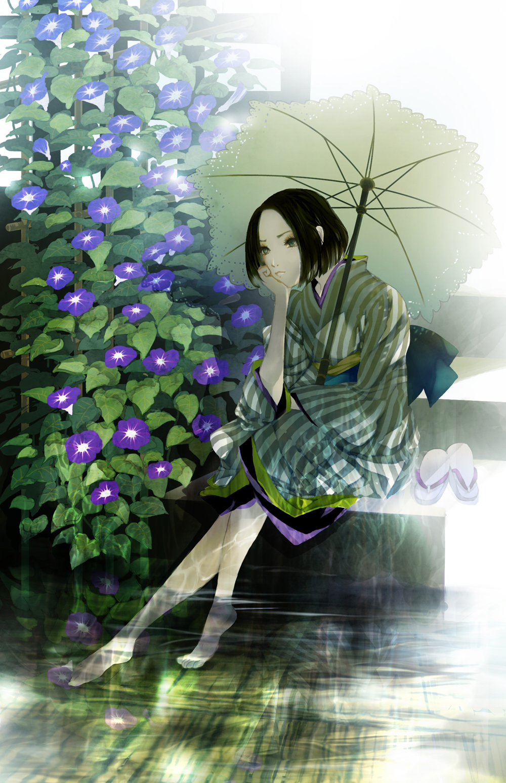 barefoot black_hair feet flower green_eyes high_resolution kimono sandals sato_(pixiv_1324157) short_hair short_kimono umbrella wafuku water