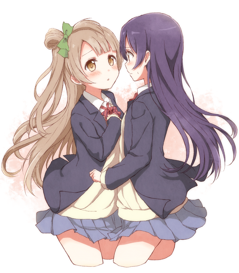 2girls blue_hair brown_hair cora_stt cropped_legs face-to-face hand_on_own_chest long_sleeves looking_at_another love_live!_school_idol_project minami_kotori multiple_girls school_uniform simple_background skirt sonoda_umi staring sweater white_background yellow_eyes yuri