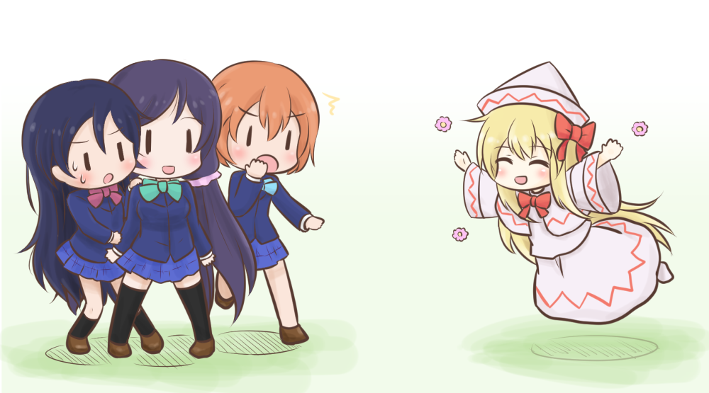 /\/\/\ 4girls :d :o ^_^ black_hair black_legwear blazer blonde_hair bow bowtie capelet chibi closed_eyes covering_mouth crossover flower flying hair_bow hat hoshizora_rin jiwieru kneehighs lily_white long_hair looking_at_another love_live!_school_idol_project multiple_girls open_mouth orange_hair outstretched_arms payot school_uniform scrunchie short_hair side_ponytail skirt skirt_set smile sonoda_umi spread_arms standing_on_one_leg sweat thigh-highs touhou toujou_nozomi |_|